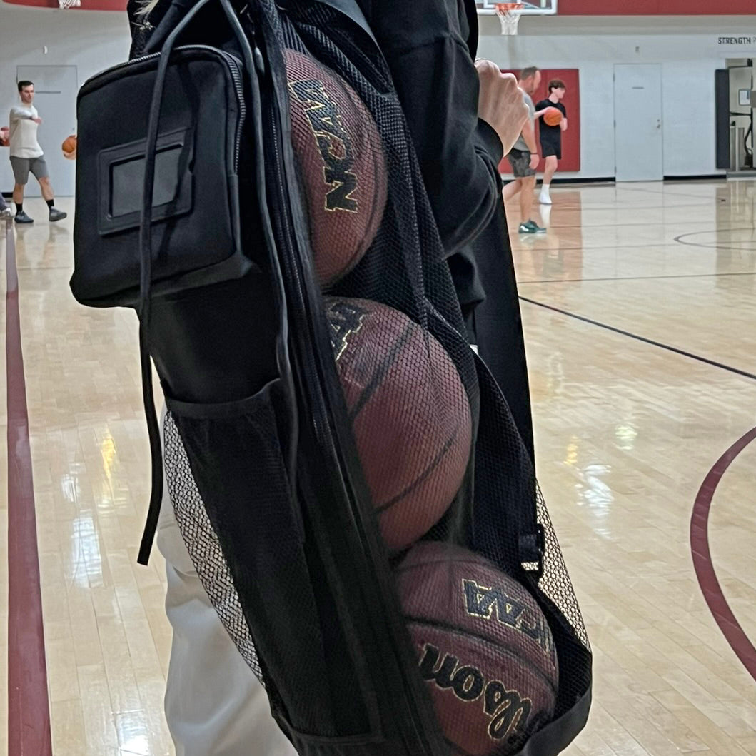 Basketball Bag Holds 3 Basketballs Heavy Duty Canvas & Mesh Zipper Pouch, ID Holder, Carabiner and Mesh Storage Pocket. For Coaches Parents and Players
